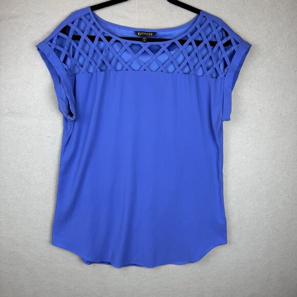 Express Royal Blue Cuffed Sleeve Lattice Criss Cross Blouse Size L Business Work - Picture 1 of 4